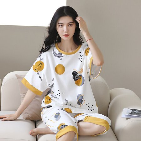 

QWZNDZGR Spring Summer Polyester Women Sleep Loungewear Pajamas Cartoon Bear Print Pajama Sets Cartoon Pyjamas Sleepwear 3XL 5XL Homewear