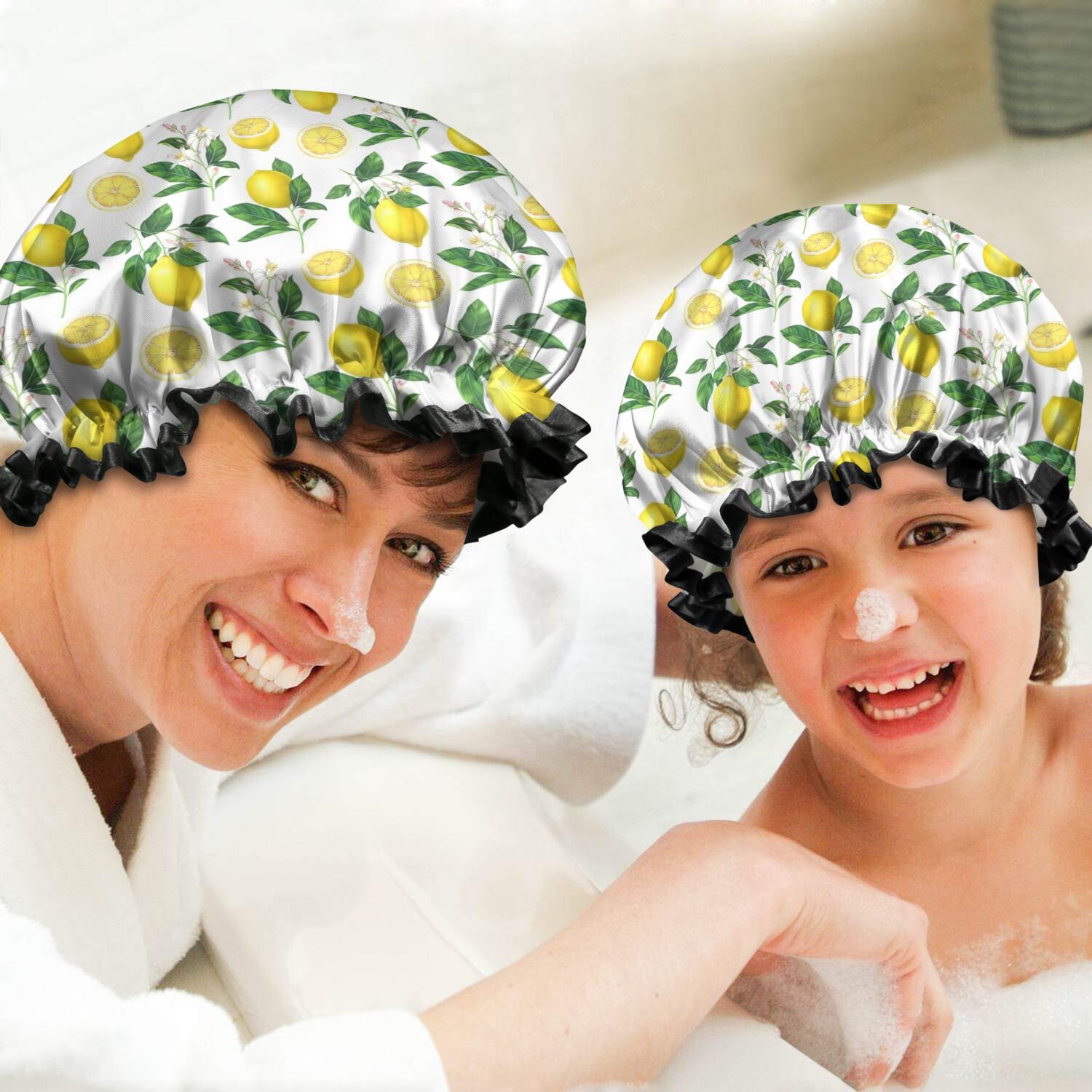Shower Caps,Yellow Lemon Fruit Slices White Pattern Waterproof Shower Cap for Women 4 Pieces,Double Reusable Hair Cover for Shower PEVA Elastic Stretch Hem