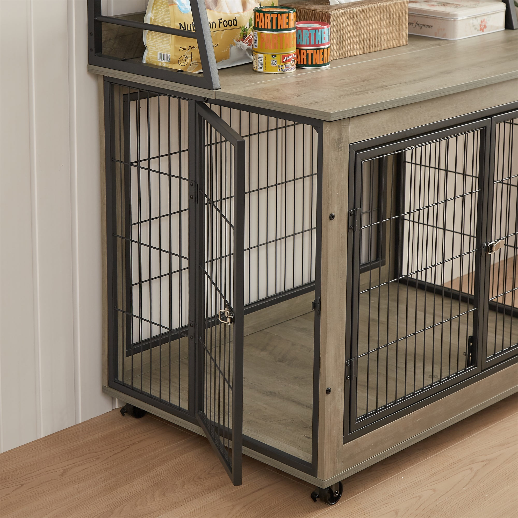 Pefilos 57" Wood Dog Crate Furniture with 3 Tier Shelves, kennel Equipped with Double Doors and A Raised Roof, Gray Pefilos 57" Wood Dog Crate Furniture with 3 Tier Shelves, kennel Equipped with Double Doors and A Raised Roof, Gray