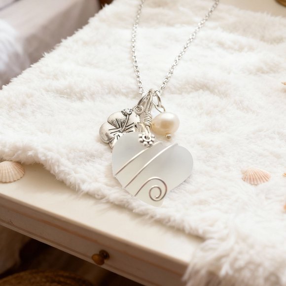 Handmade Sea Glass Necklace Wire Heart Necklace Charm and Pearl Necklace Sea Glass Jewelry Birthday For
