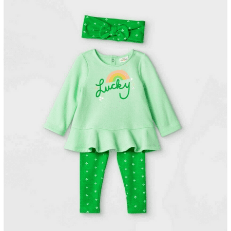 CAT & JACK Baby Girls' St. Pat's 'Lucky' Long Sleeve Top&Bottom Set, Green, 6-9M