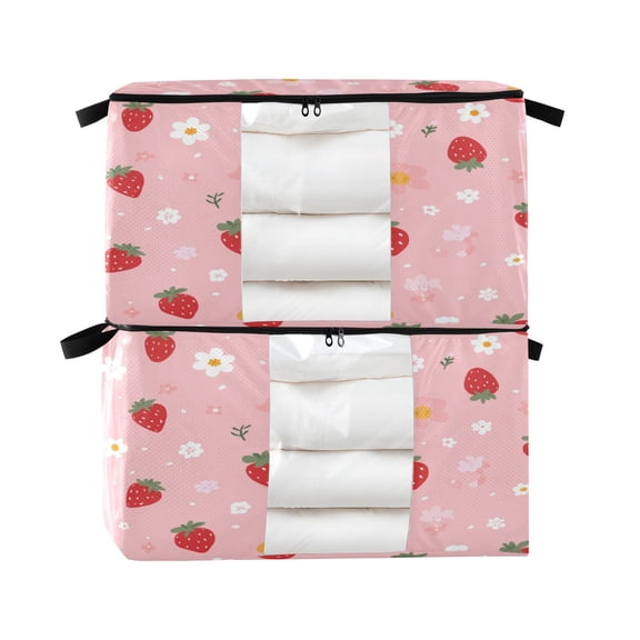 Foldable Clothes Storage Bags Clothes Organizer Bin with Clear Windows for Clothes Bedding Strawberry and Flowers