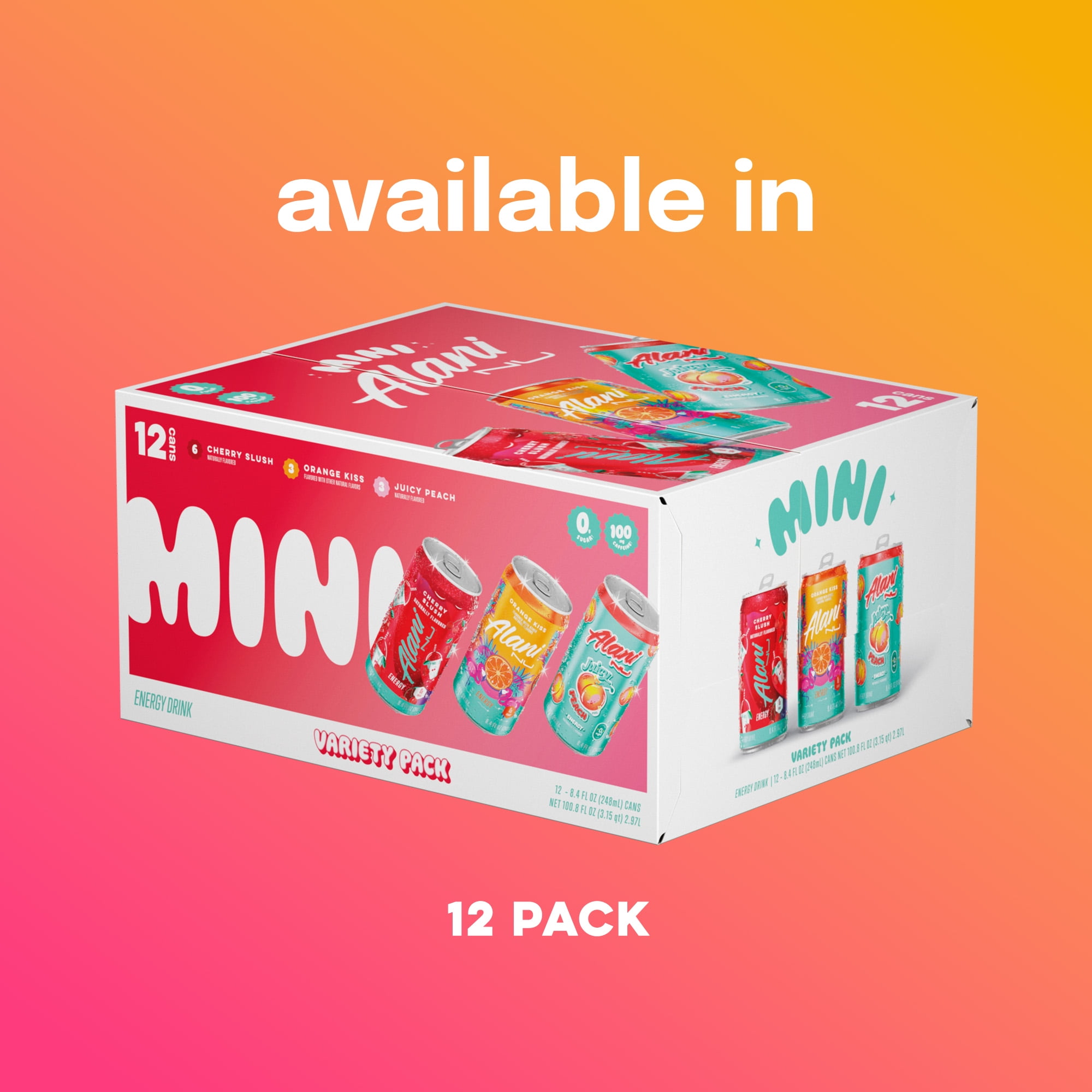 Alani Nu, Mini Variety Pack 12pk Cherry Slush Juicy Peach Orange