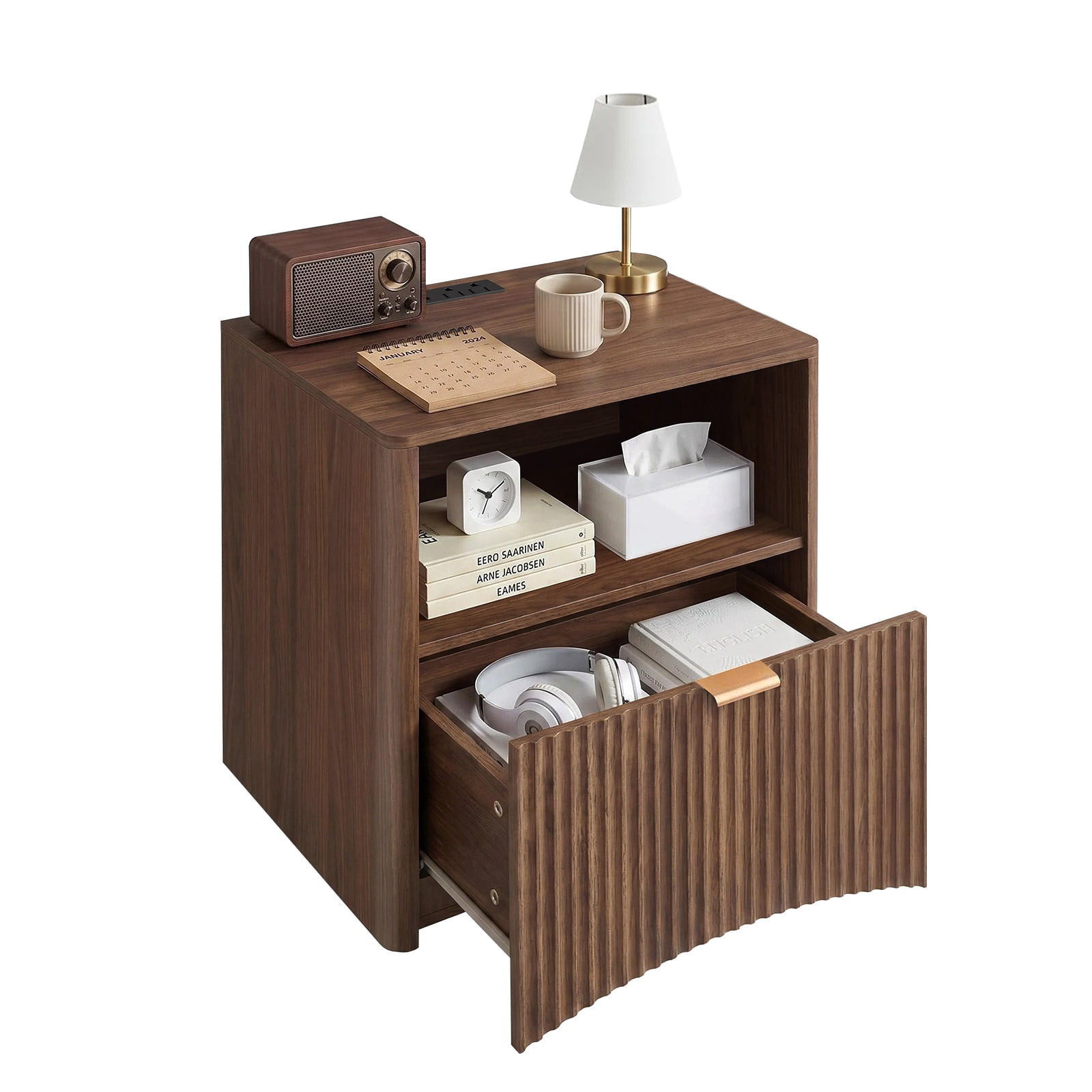 Hommoo Mid Century Modern Nightstands Set of 2 with Built-in Charging Station, Wood-Grain Bedside Tables with Drawer & Open Shelf, USB/AC/Type-C Ports, Walnut