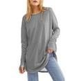thumbnail image 2 of Womens Tops Women's Solid Round Neck Loose Long Sleeve Medium Length Leaky Thumb T-shirt Top Shirts for Women Kagetolytai Gray 3X, 2 of 7