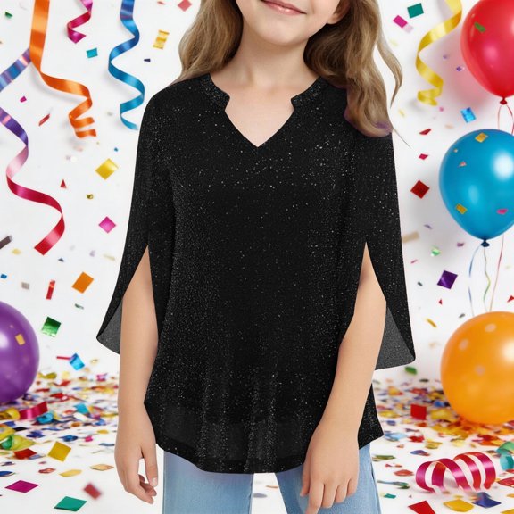 ZHOGXU Toddler Kids Girls Top 3/4 Sleeve V Neck Sequins Mesh Layered Comfortable Fashion Tee For Casual Daily Wear,Black,3-4 Years