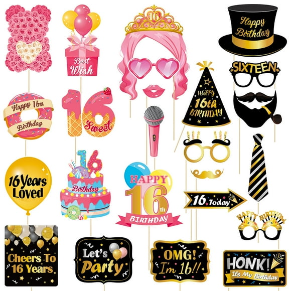 Abaodam 24pcs 16th Birthday Photo Booth Props Already Assembled with Wooden Stick Photo Props Selfie Props Birthday Part