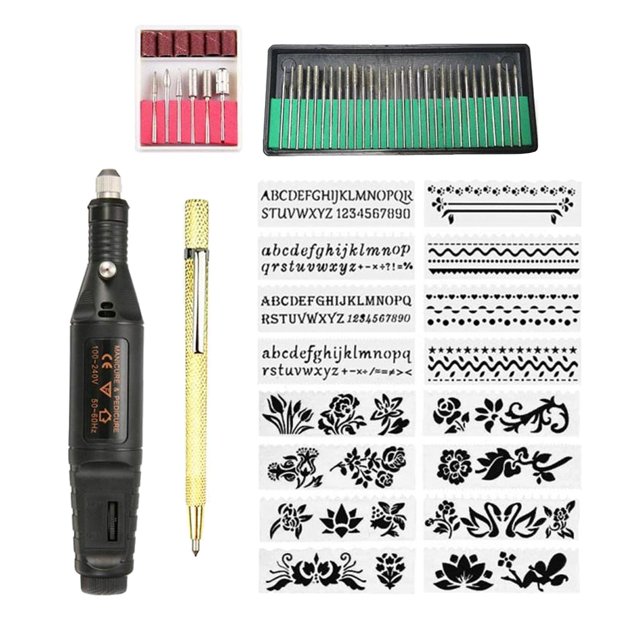 "Kit de grabado eléctrico profesional con 60 accesorios - Herramienta multifuncional para tallar, pulir y perforar en cerámica, plástico y uñas, velocidad ajustable 3000-18000 RPM, incluye plantillas