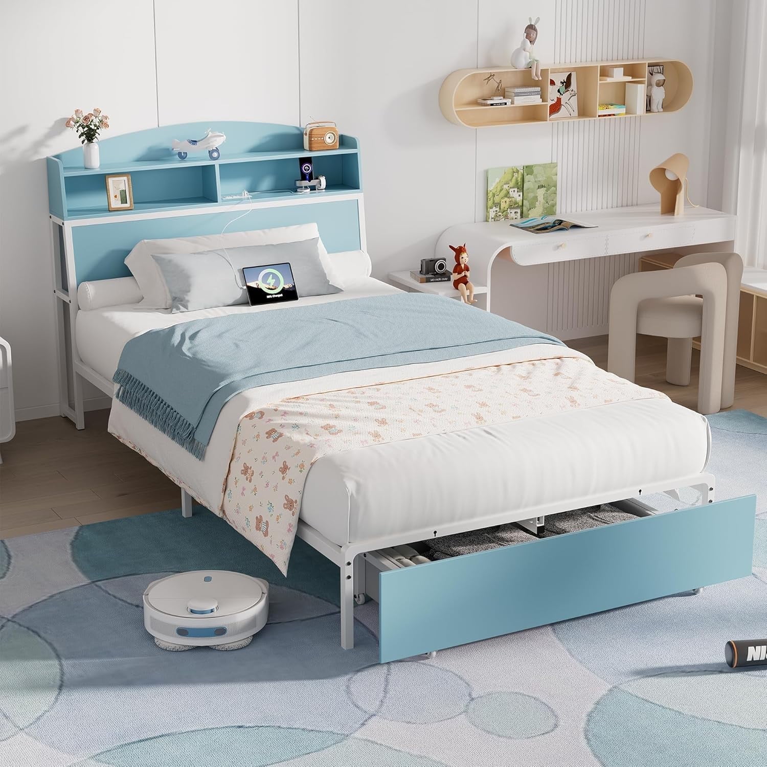 Twin Bed Frame with Storage Headboard & Drawer, 3-in-1 Charging Station, Sturdy Metal Frame, No Box Spring Needed, Noise-Free, Non-Slip Design –(Blue & White)
