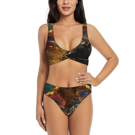 Zeuib Colorful Bull Western Man High Waisted Tummy Control Bikini Set - Knot Front Push Up Top & Cheeky Thong Bottom  Two-Piece Swimsuit for Women-Medium