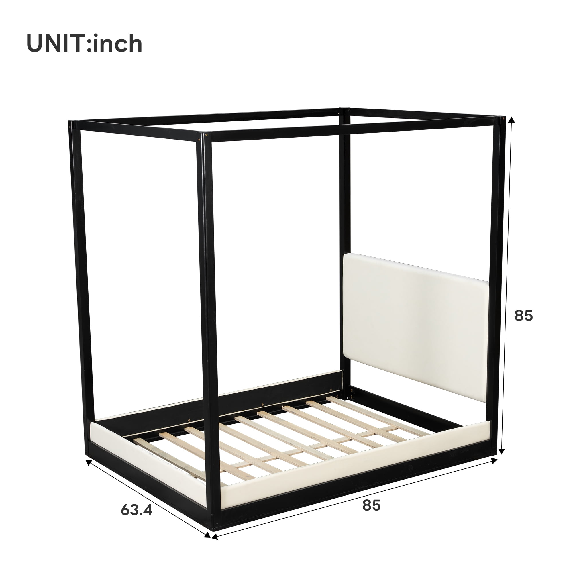 Euroco Wood Queen Size Canopy Bed with Upholstery Headboard, Black