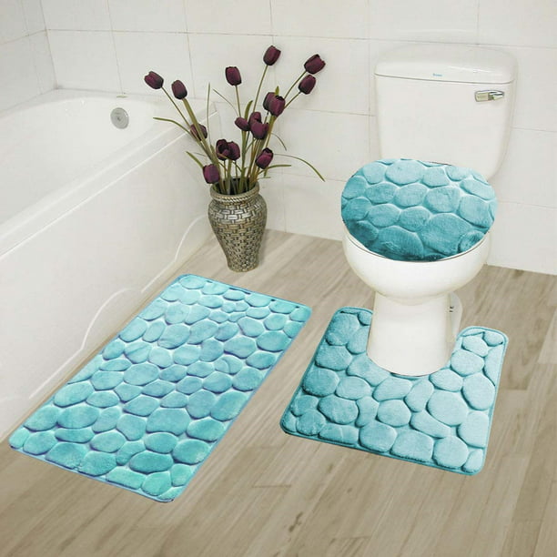 Rock Aqua 3 Piece Embossed Bathroom Rug, Teal Bathroom Rugs