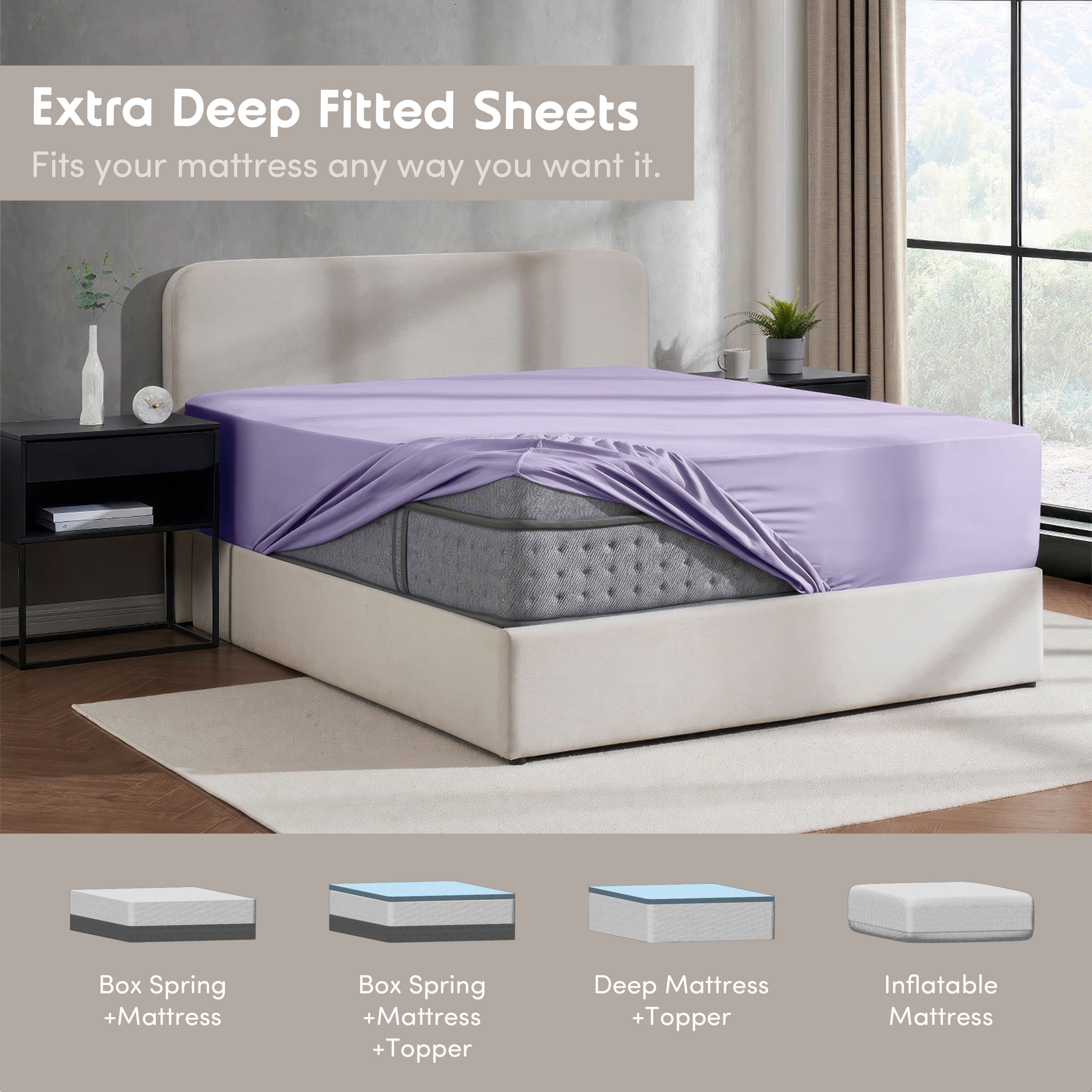 Lammaloe 2 Pack Extra Deep Pocket Queen Fitted Sheet Only, Fits 18" to 24" Mattress, Soft Microfiber Fitted Bed Sheet, Lavender