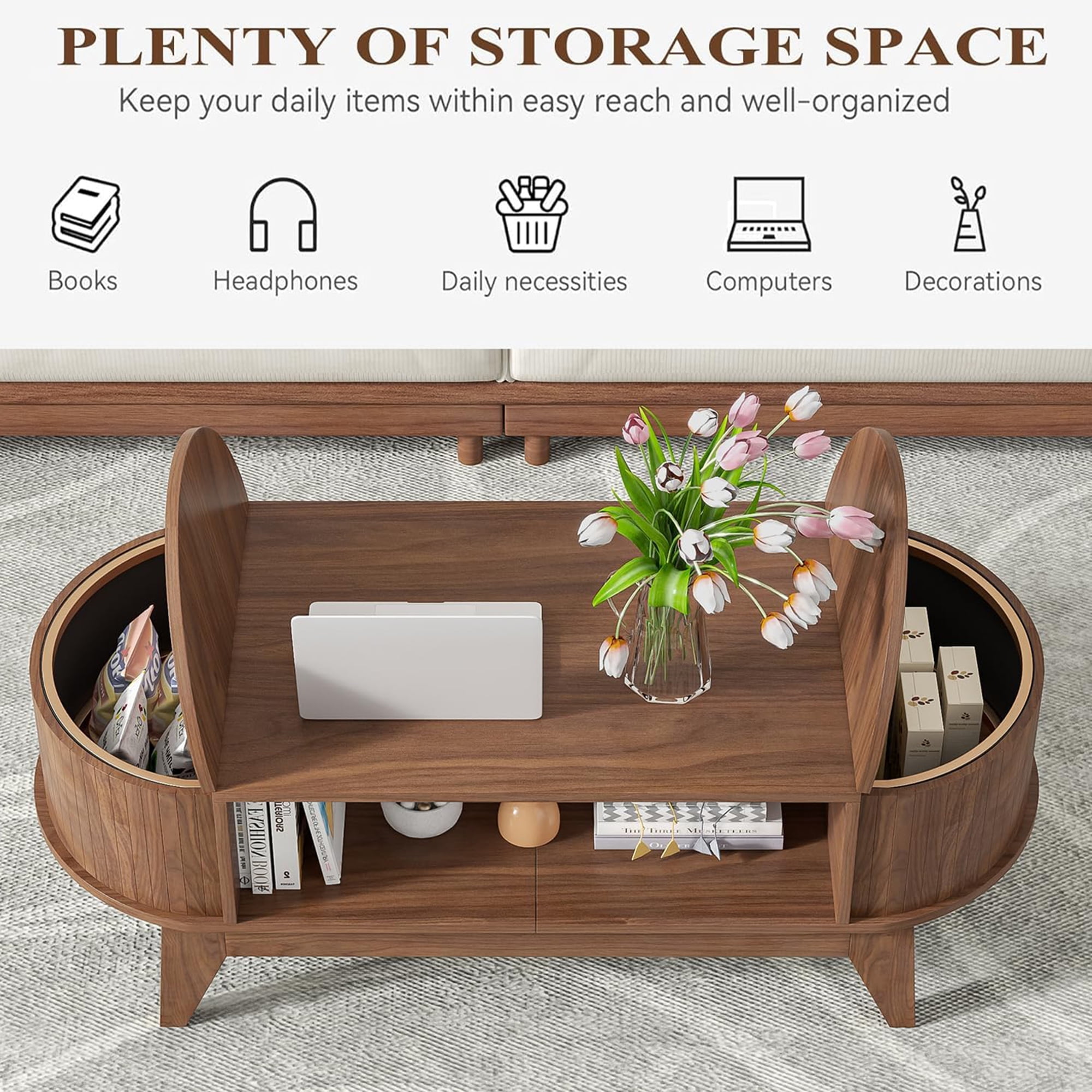 Fluted Coffee Table with Storage, Modern Coffee Tables, Wood Accent Center Table