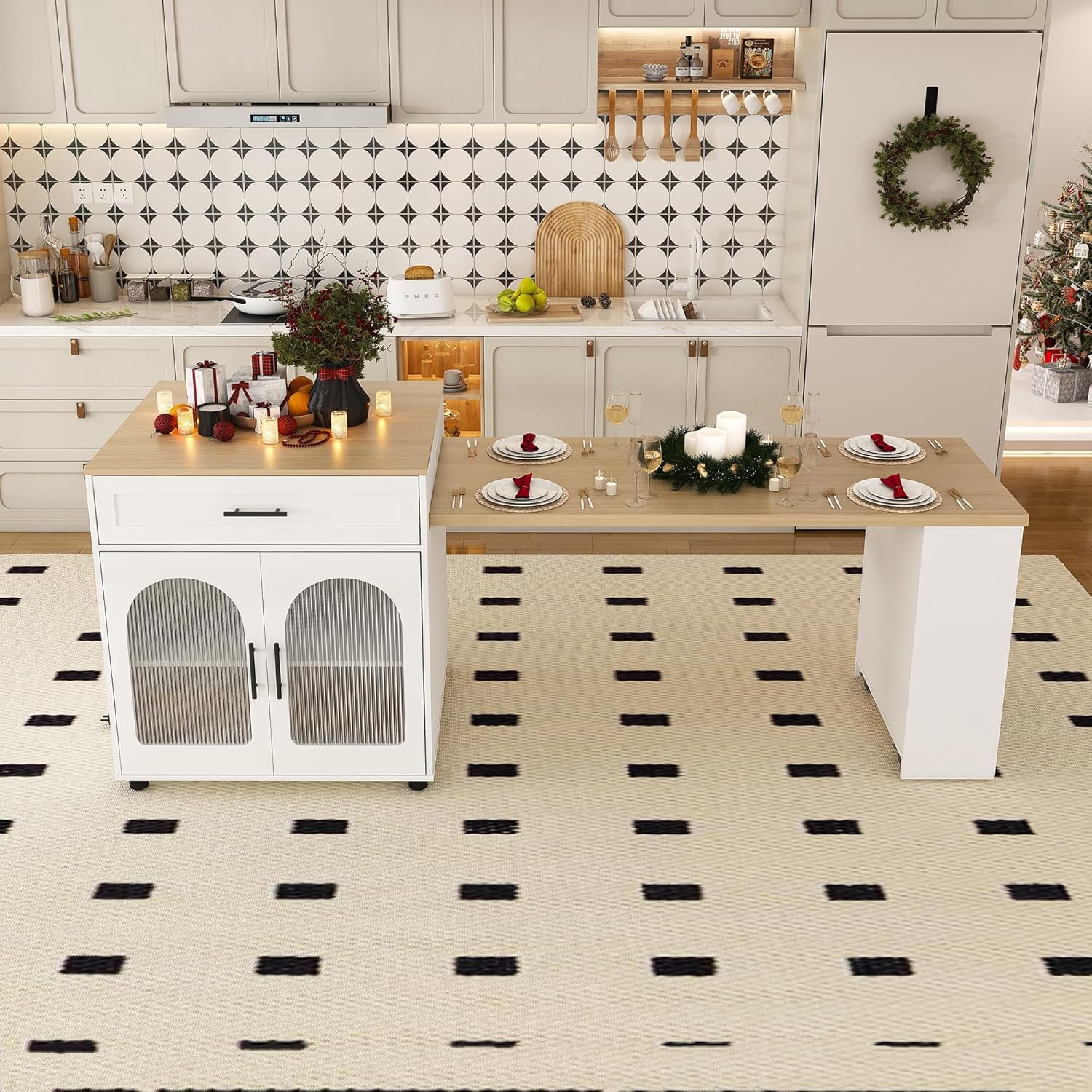Montary 80" Expandable Kitchen Island with Extendable Table - Solid Wood Grain Countertop with Power Outlet & USB Ports, Mobile Cart with Double-Side Storage, Cabinet & Drawers (White)
