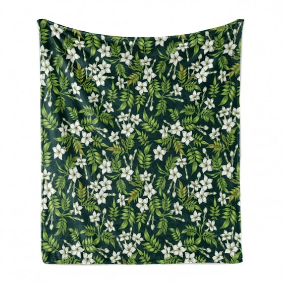Jasmine Soft Flannel Fleece Throw Blanket, Romantic Arrangement of Flowers Awakening Buds in Nature Print, Cozy Plush for Indoor and Outdoor Use, 60" x 80", Apple Green Off White, by Ambesonne