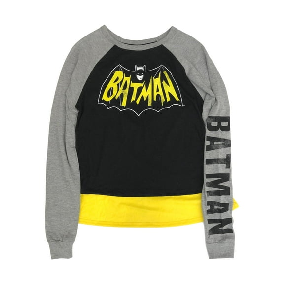 Batman Womens (Juniors) Gray & Yellow Mid-Crop Caped T-Shirt Tee Shirt Medium