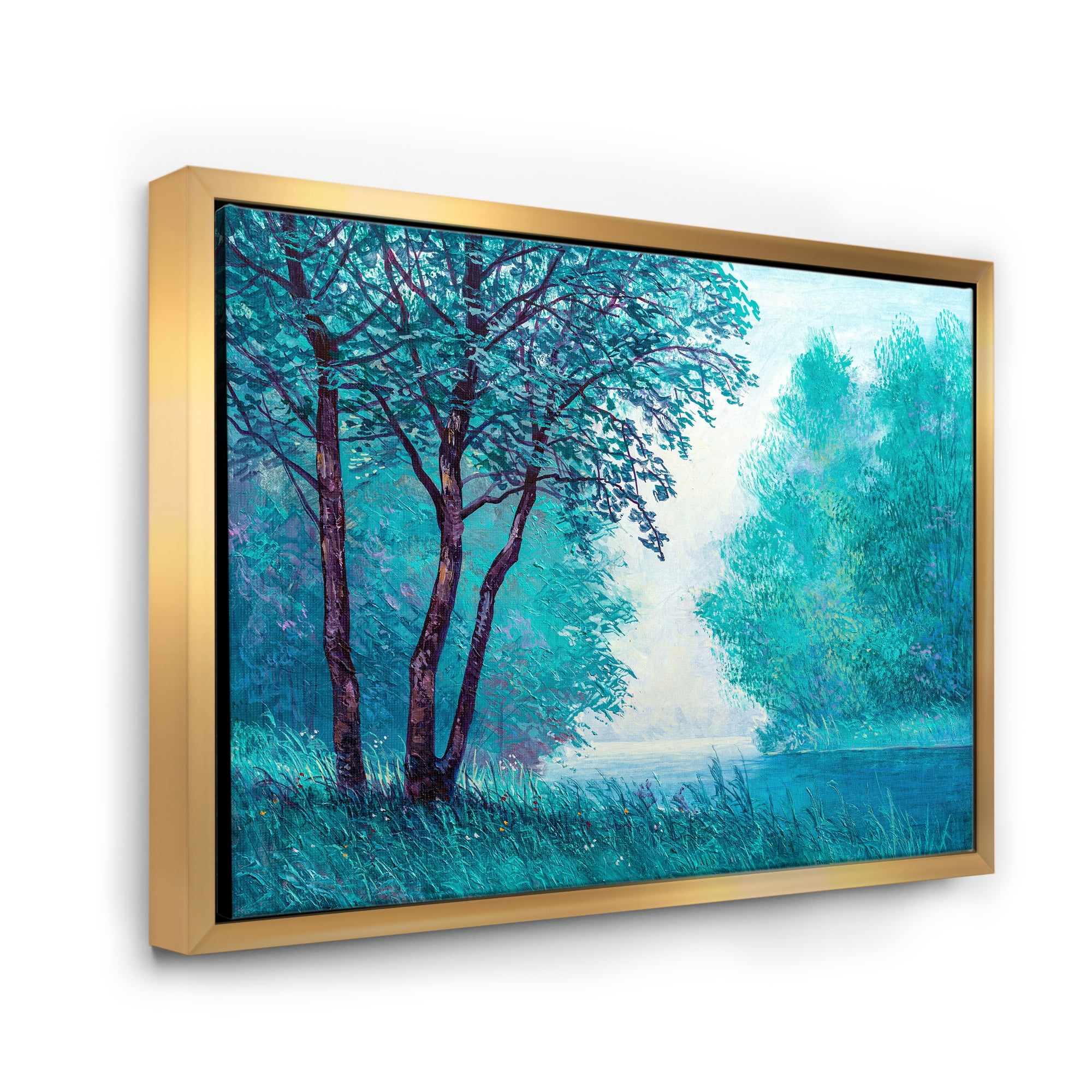 Blue Coloured Tree Impression By Riverside 32 in x 16 in Framed Painting Canvas Art Print, by Designart