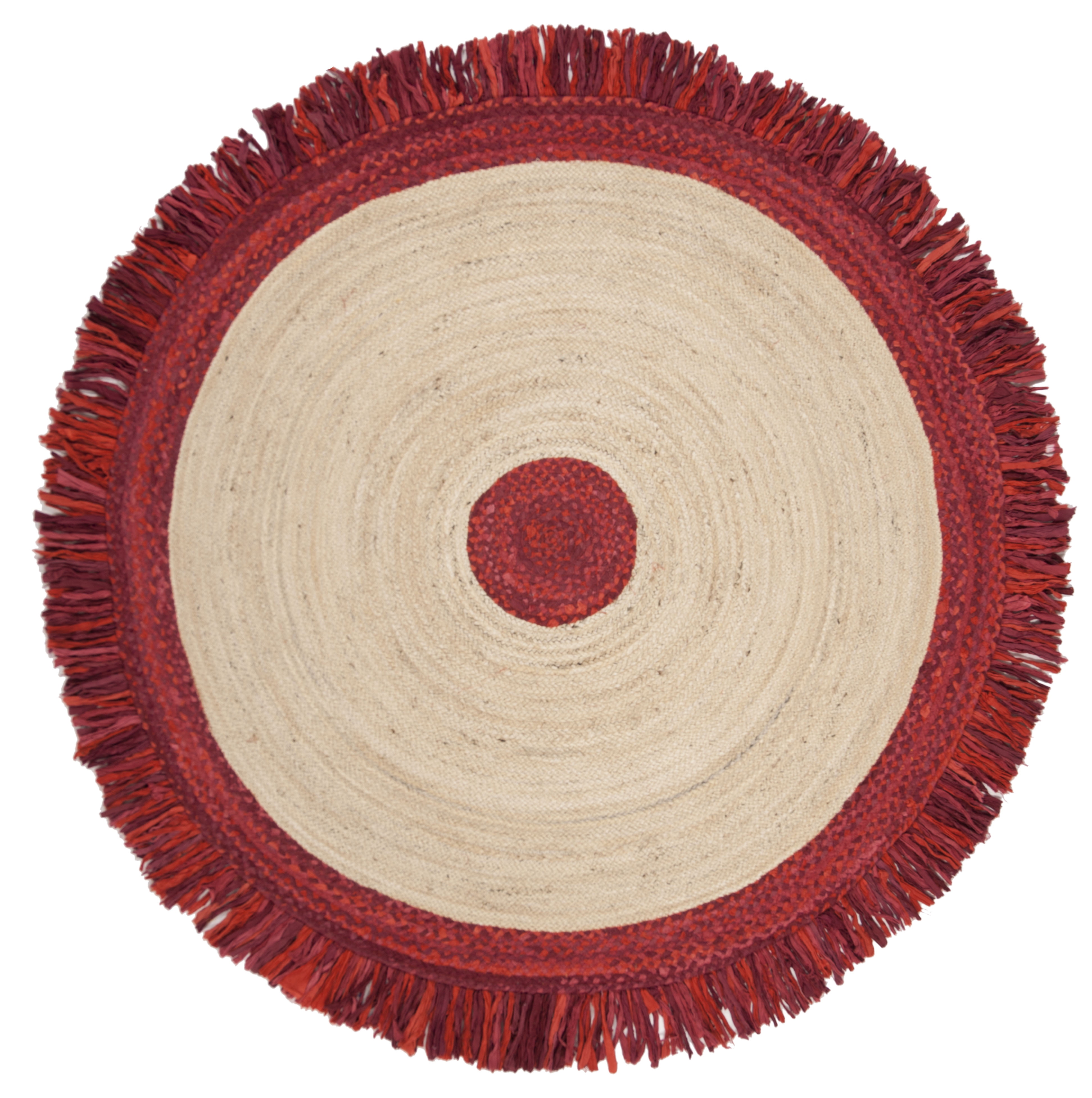 SAFAVIEH Cape Cod Rosalynne Striped Area Rug, Red/Natural, 5' x 5' Round