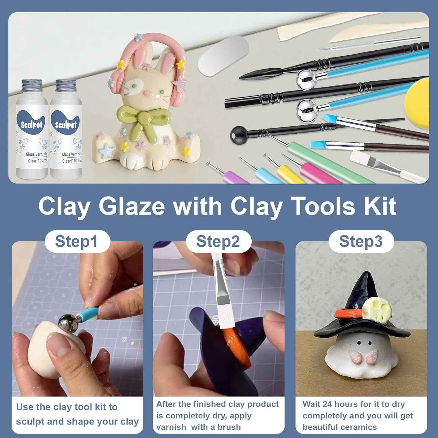 Air Dry Clay Varnish with Clay Tools Kit, 2 x 3.4 fl oz, Gloss & Matte Clay Glaze for High Luster Scratch Resistant, Waterproof, Pottery Polymer Clay Tool kit to Sculpting, Modeling, Shaping