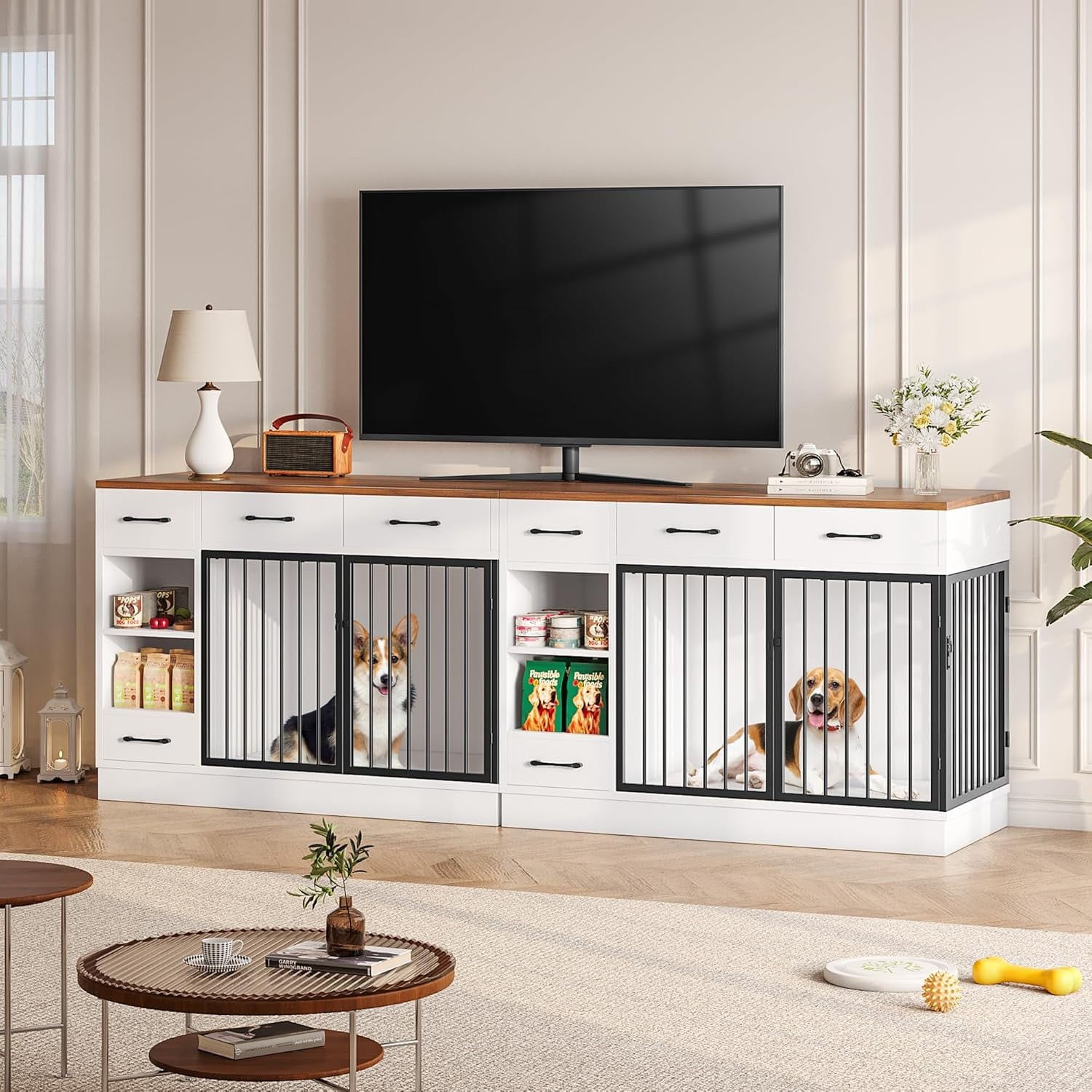 Selooye Large Dog Crate Furniture, Sturdy 2-Door 47.2" Wooden Furniture Style Crate for Dogs with 3 Storage Drawers and Hidden Feeding Bowl