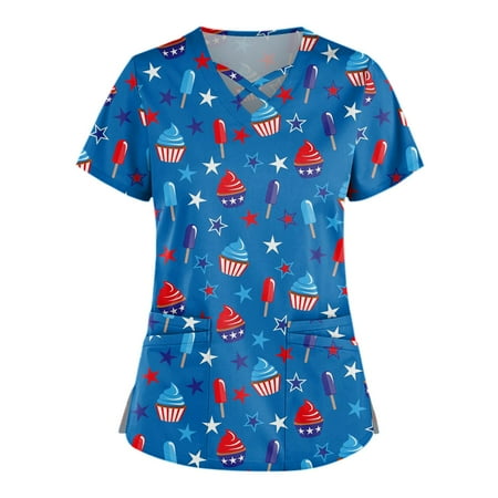 

TKing Fashion Independence Day Women Plus Size Scrubs Top V-Neck Short Sleeve Printed Pockets Work Blouse for Women Royal Blue 3XL
