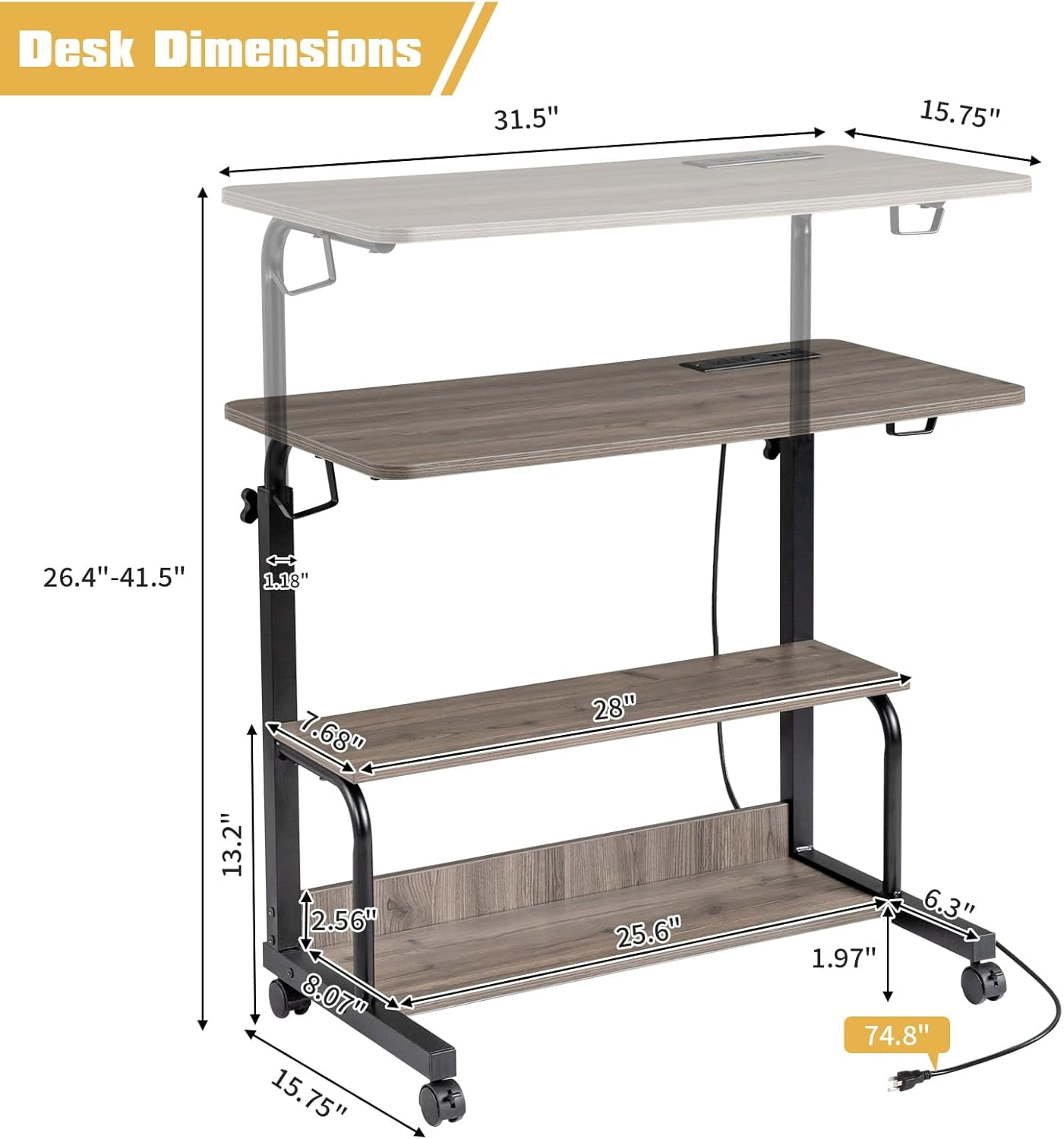 FCH 31.5" Mobile Small Standing Desk, Adjustable Height Mobile Computer Desk, w/2 AC Outlets + 3 USB Ports & Hooks, Storage Shelves, Suitable for Gaming, Studying, Home Office, Gray