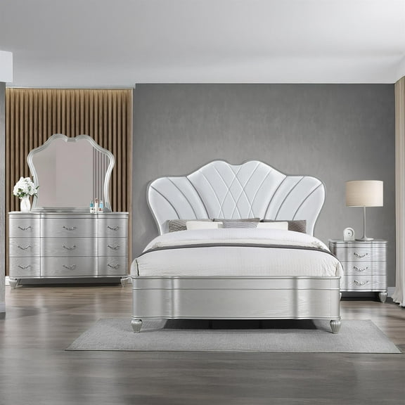 Eros King 4PC Bedroom Set with Manufactured Wood & Tufted Detailing in Silver