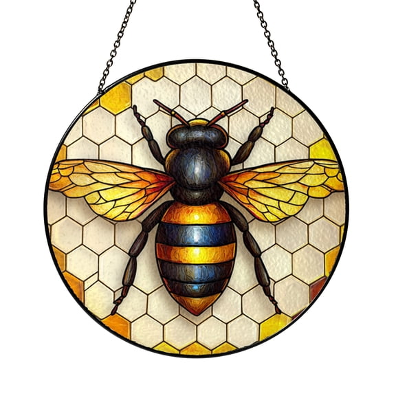 Stained glass pattern with bee and honeycomb, creative template for suncatcher makers