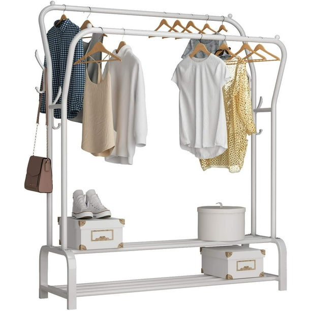 Udear Garment Rack Freestanding Hanger Double Rods Multi Functional Bedroom Clothing Layer 4 Hooks White Com Udear Garment Rack Freestanding Hanger, Garment Rack Double
