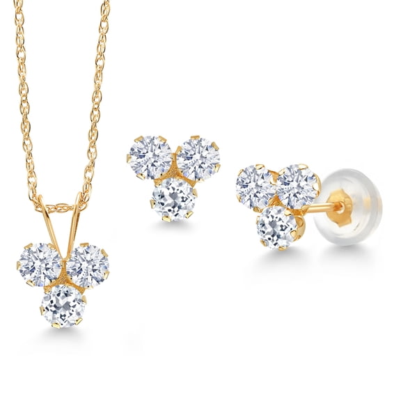 Gem Stone King 14K Yellow Gold White Zirconia and White Topaz 3 Stone Pendant and Earrings Jewelry Set for Women (1.08 Cttw, Round 3MM, with 18 inch Chain)