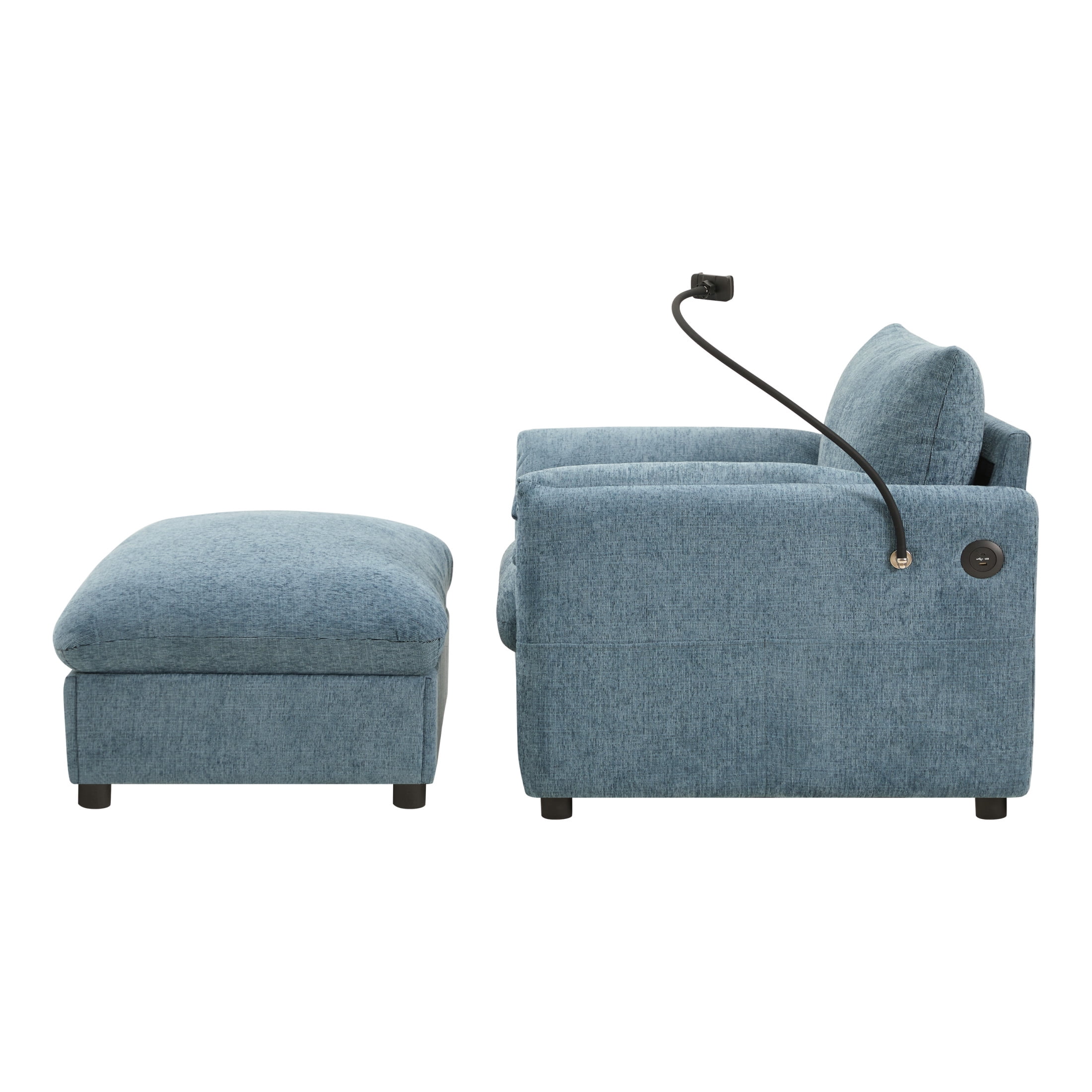 Noble House Odette 37" Chenille Upholstered Armchair with Storage Ottoman and Charging Port, Cloud Chaise Lounge, Blue