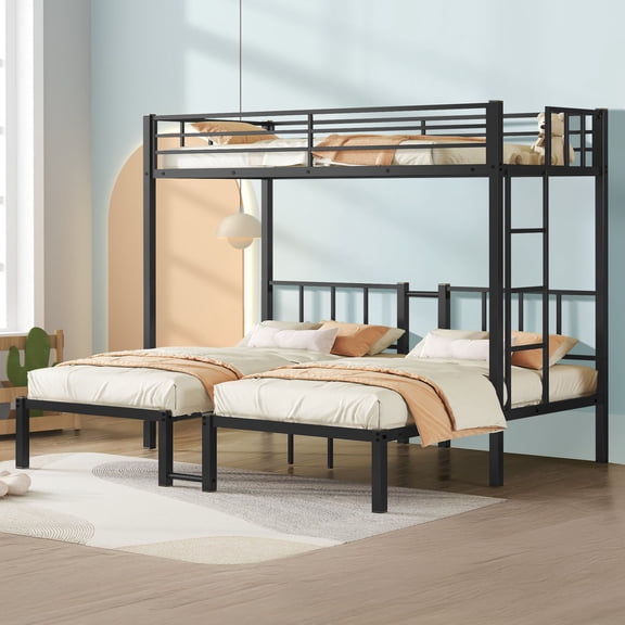 Firscook Twin Triple Bunk Bed, Heavy Duty Metal Frame Twin Over Twin Over Twin with Guardrails & Ladder, Fast Assembly,Black