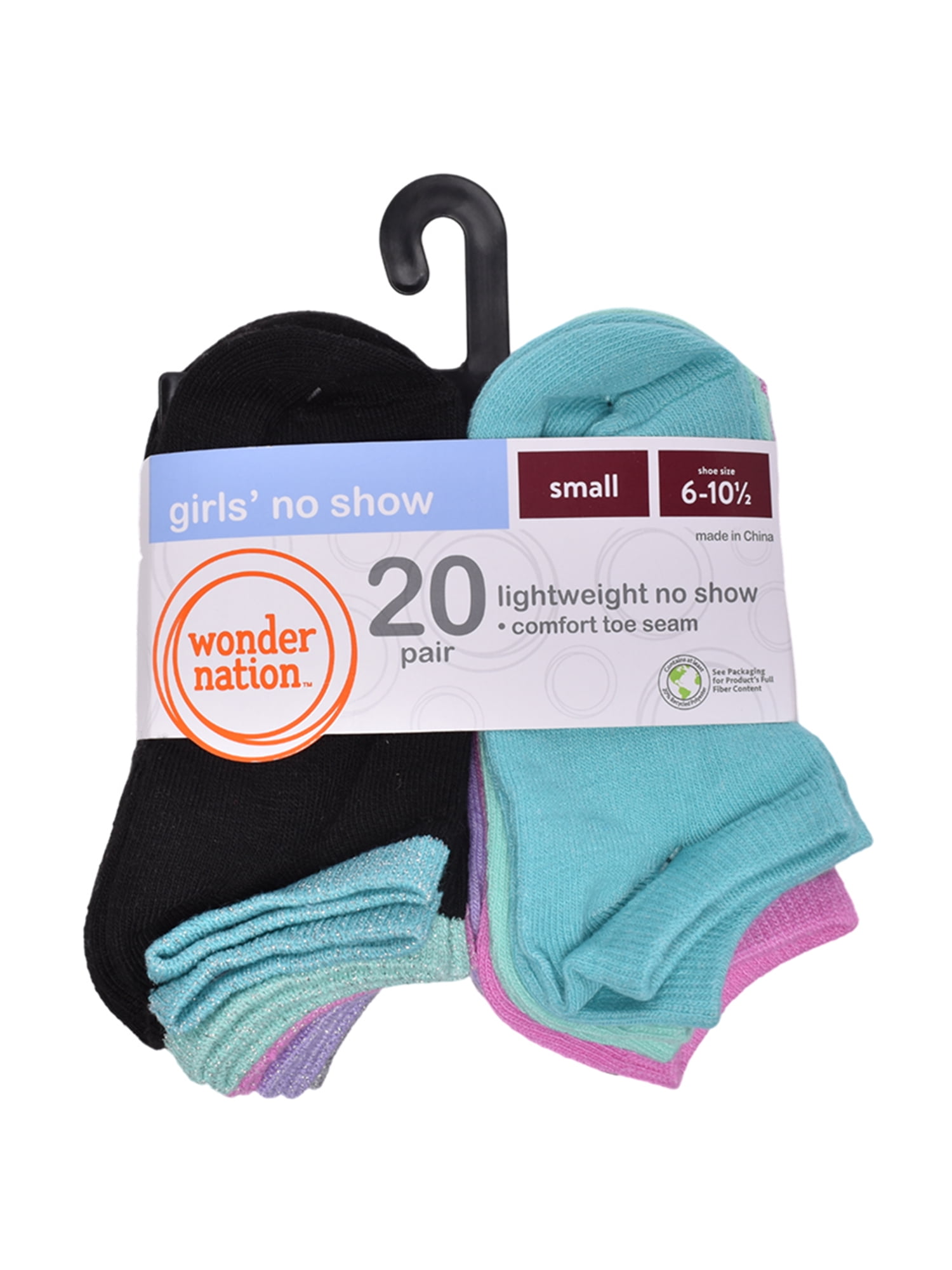 Wonder Nation Girls No Show Socks, 20-Pack, Sizes S-L