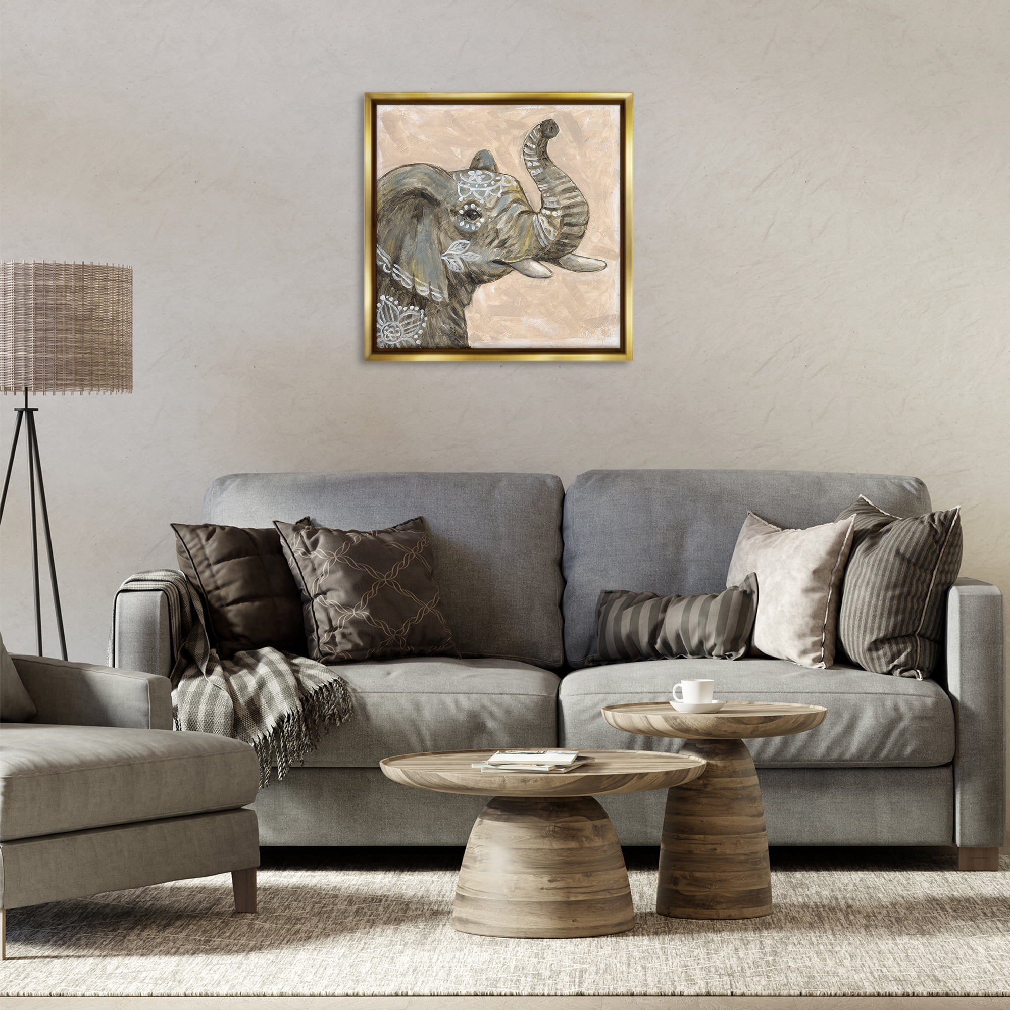 Stupell Industries Boho Patterned Elephant Animals Painting Gold Floater Framed Canvas Art Print Wall Art, 25 x 25