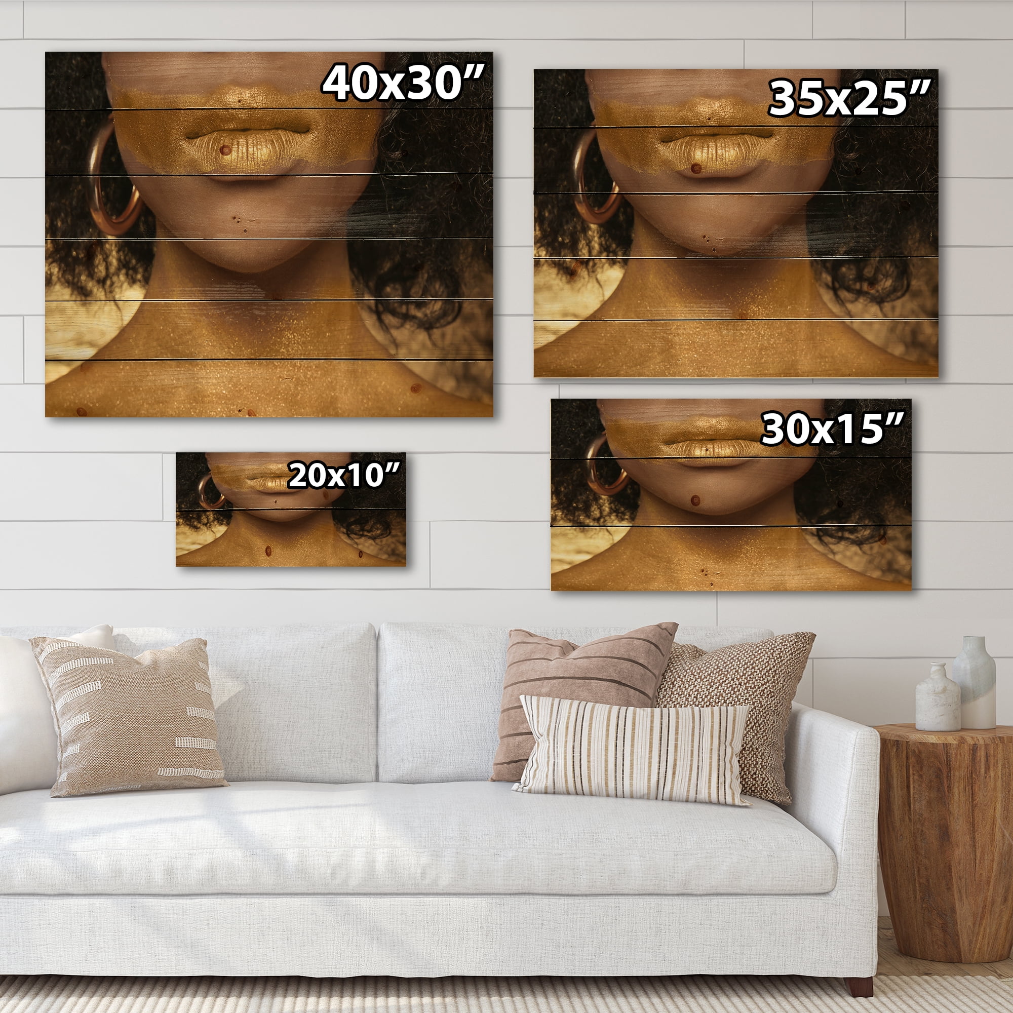 Designart 'Afro American Girl With Golden Paint on Body' Modern Print on Natural Pine Wood