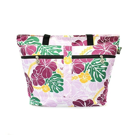 Hibiscus Bags - Hawaiian Print Double Zipper Tote Bag in Hibiscus Floral All Over in Purple