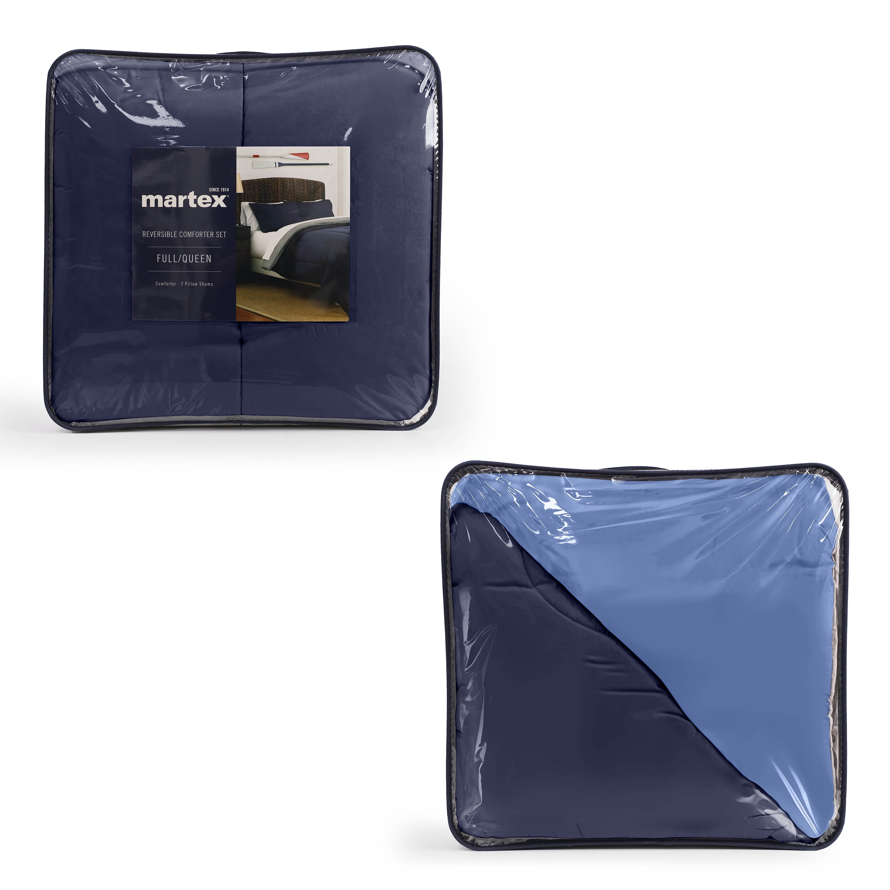 Martex 3-Piece Reversible Comforter Set, King, Super Soft Lightweight Microfiber Bedding Set, Navy/Ceil Blue