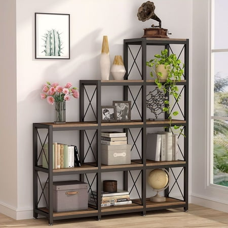 TribeSigns 12 Shelves Bookshelf, Industrial Ladder Corner Bookshelf 9 Cubes Stepped Etagere Bookcase, Rustic 5-Tier Display Shelf Storage Organizer for Home Office
