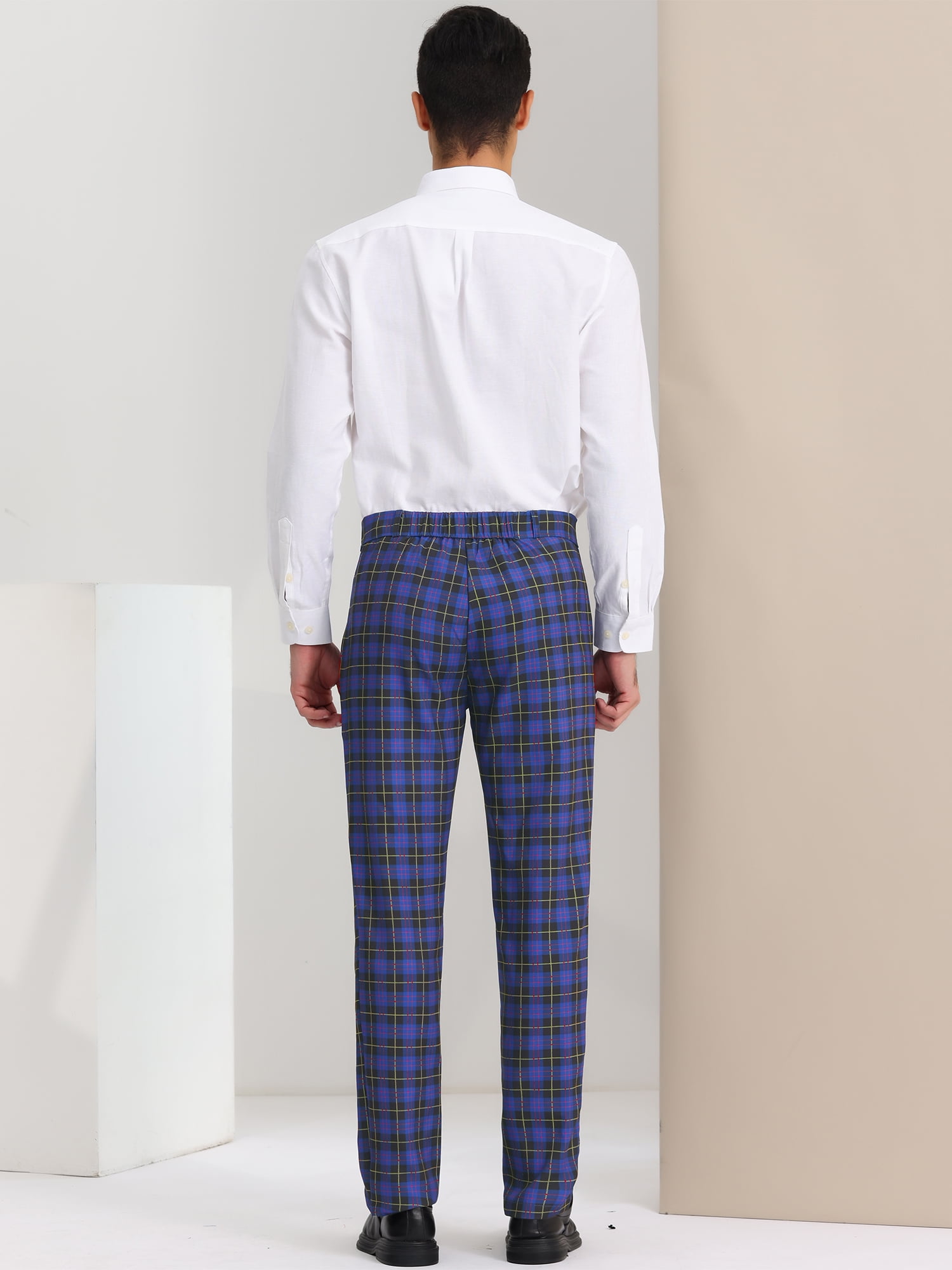 Unique Bargains Men's Dress Pants Casual Flat Front Stretch Business Plaid Pants 32 Purple Navy