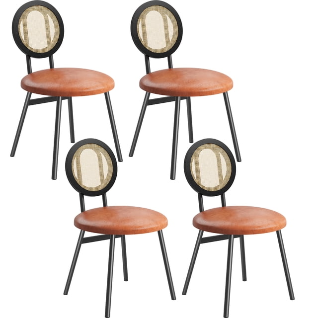 Sillas de comedor modernas de ratán – Juego tapizado con cojines gruesos, respaldo de caña y asiento en PU – Patas metálicas, diseño compacto – Negro + Marrón 4pcs