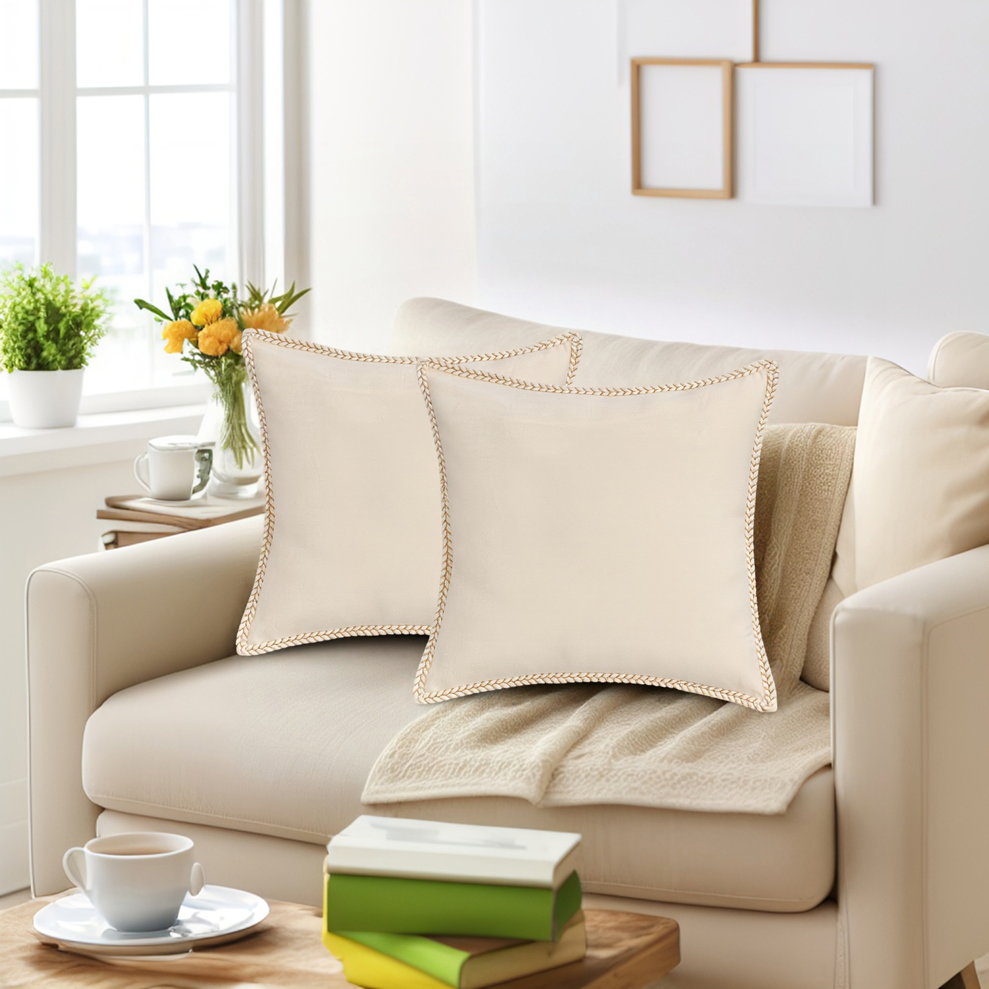 Unique Bargains Pack of 2 Soft Solid Throw Pillow Covers Cases for Couch 18" x 18" Beige