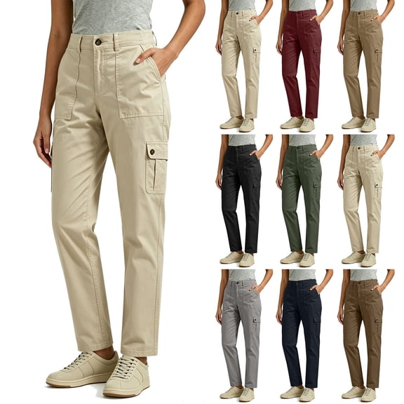 UKHCCC Cargo Pants for Women Straight Leg Multi-Pocket Work with Button Detail High Waisted Cotton Twill Casual Utility Trousers Office Hiking S-2XL