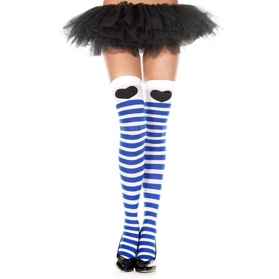 Heart print striped thigh hi 4098-WHI/BLUE/BLK