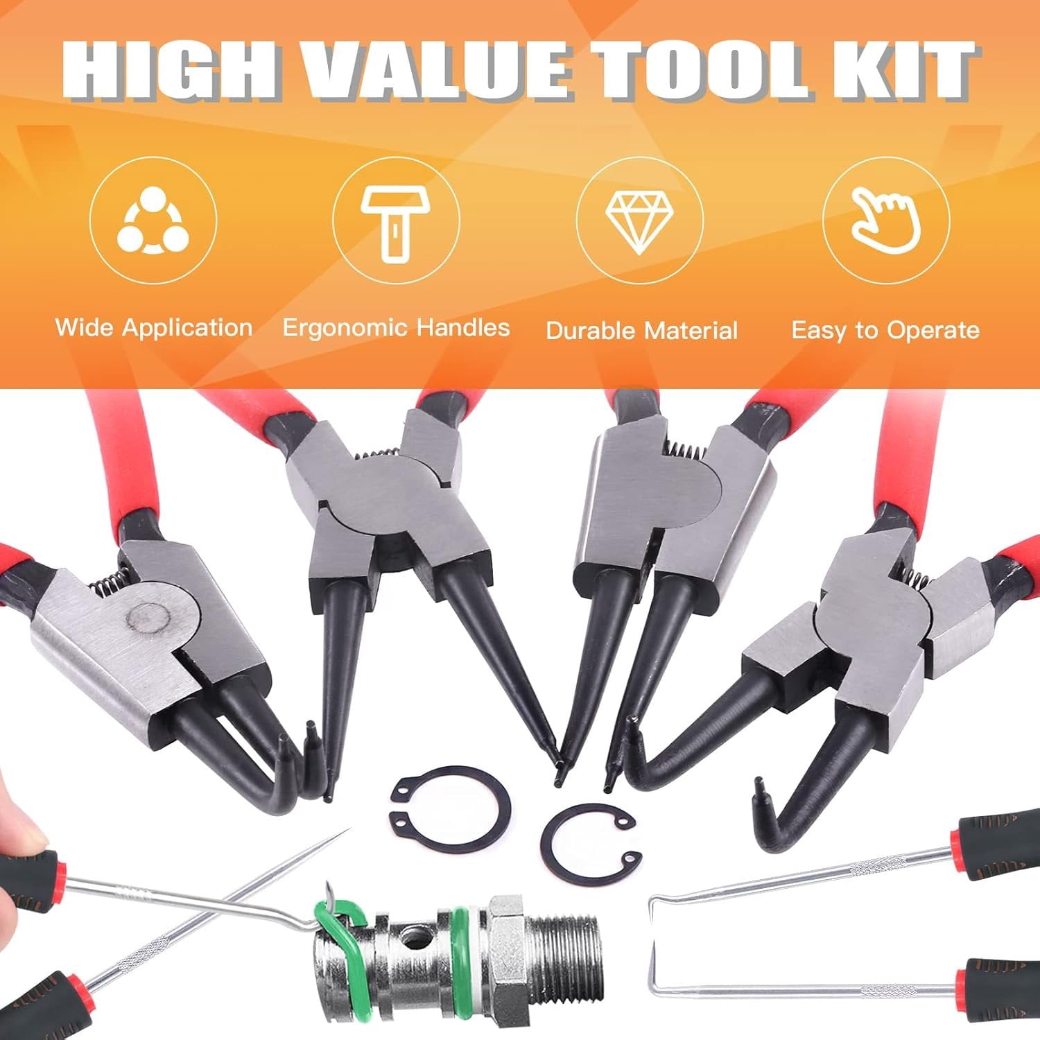 8 count 9 Inch Snap Ring Pliers Heavy Duty Hook Tool Set Internal External Circlip Pliers Tool Kit Straight Bent Jaw Pliers for Automotive Ring Removal Retaining
