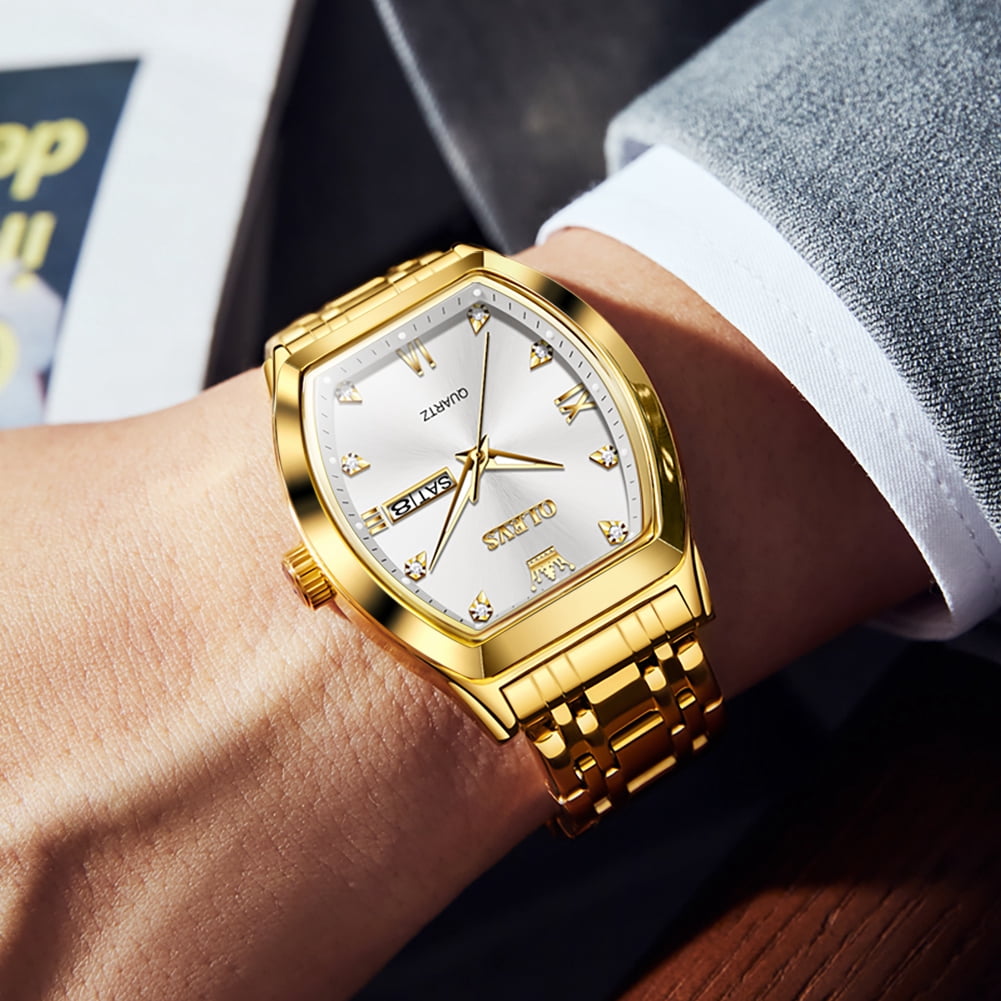 OLEVS Mens Watches Square Business Dress Diamond Analog Quartz Date Luxury Watches for Men Dress Casual Stainless Steel Waterproof Luminous Mens Wrist Watches Gifts Reloj para Hombre Gold/Black Dial
