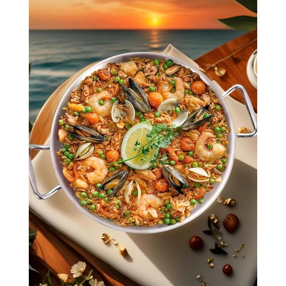 14 Inch Paella Pan Tri-ply Stainless Steel Induction Compatible Large Spanish Rice Pan with Detachable Handles for Seafood and Authentic Socarrat