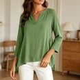 thumbnail image 4 of Qzwdhjm Womens 3/4 Sleeve Tops Stand V Neck Linen Top with Asymmetric Hem Side Pleated Loose Casual Shirts for Summer Going Out, 4 of 7
