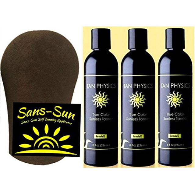 Tan Physics True Color Sunless Tanner 8 Fl oz (Paquete de 3) con guantes bronceadores de Sans-Sun - Autobronceador - Loción bronceadora sin sol - Autobronceadores Los más vendidos - Bronceado falso Br