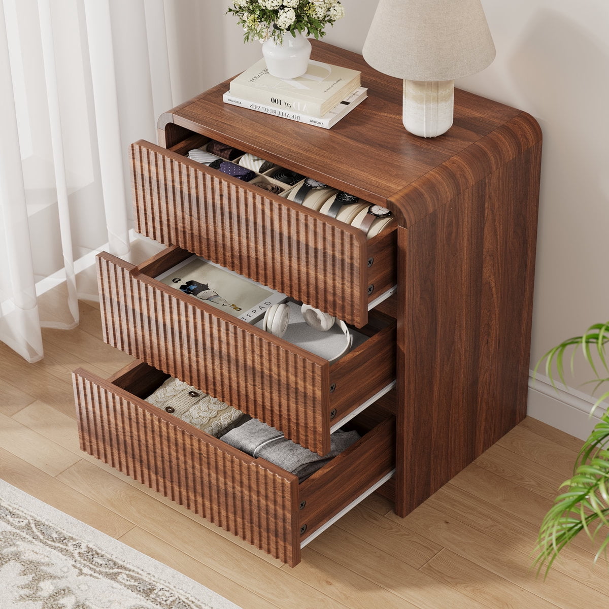 Fluted Dresser for Bedroom, 3 Drawer Dressers for Closet Small Wood Dresser Modern TV Stand, Wooden Clothes Storage Organizer Chest of Drawers for Living Room Hallway Entryway